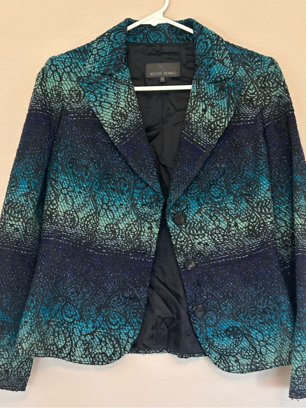 Vintage Vicente Romeo Spain Blazer Jacket Womens 40 M Ombre Lace Blue Teal
